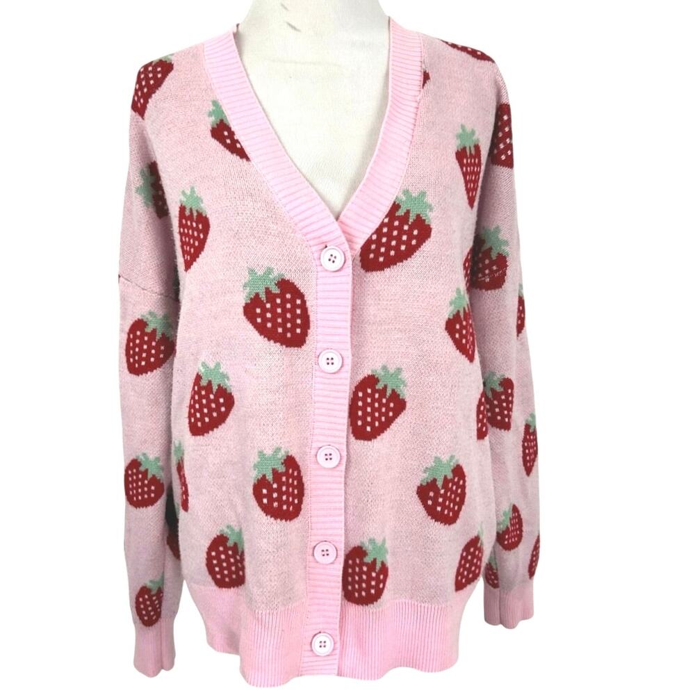 Hot Topic Strawberry Cardigan Pink Kawaii Cottagecore Sweater Womens M